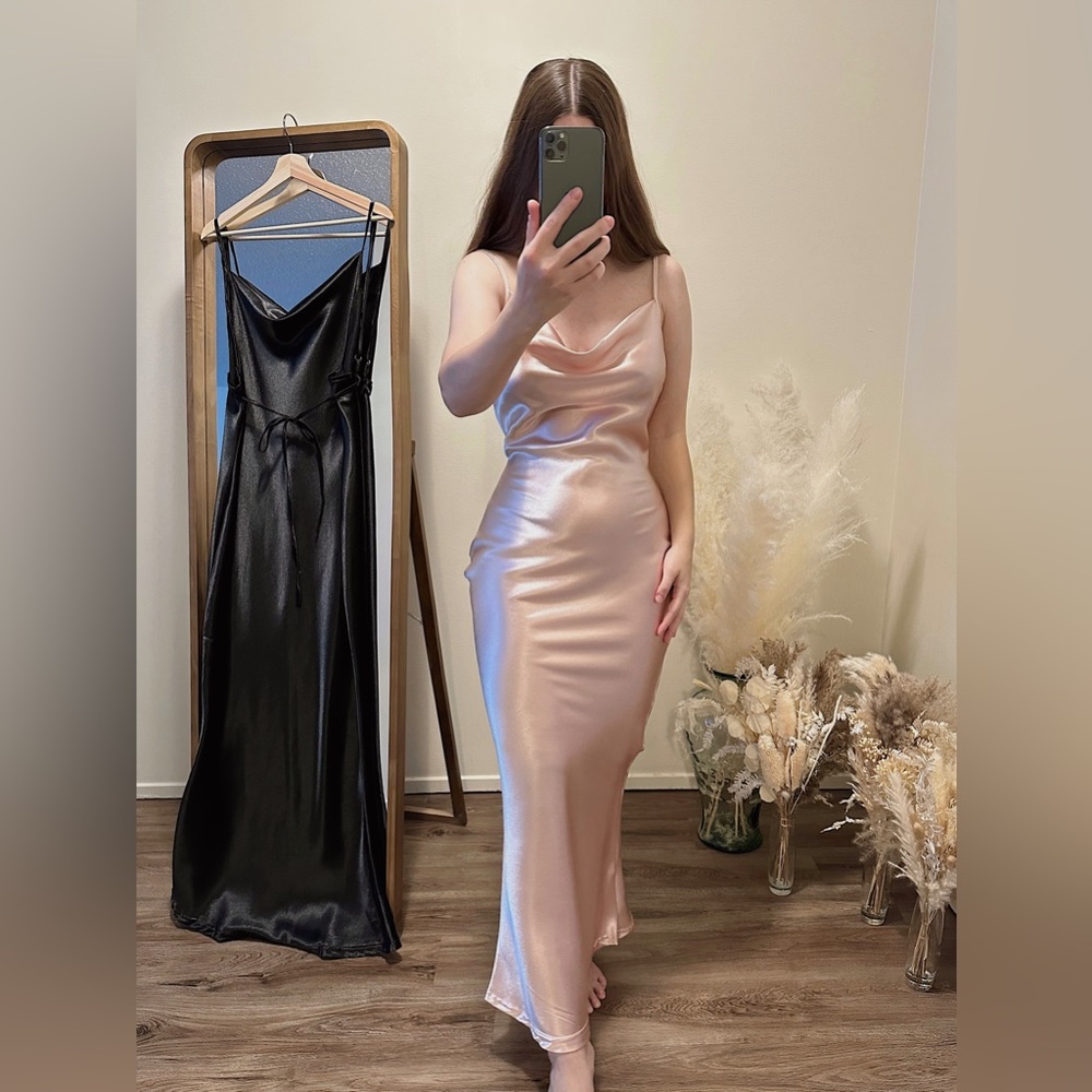 Beautiful open back satin slip dress pink black S M